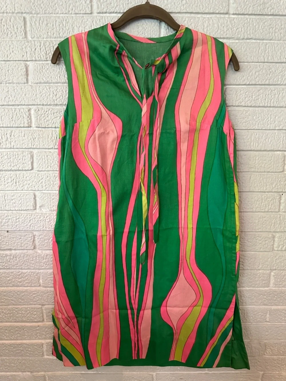 VINTAGE SWIRLY MINI Vibrant Green and Pink Sleeveless Dress S/M